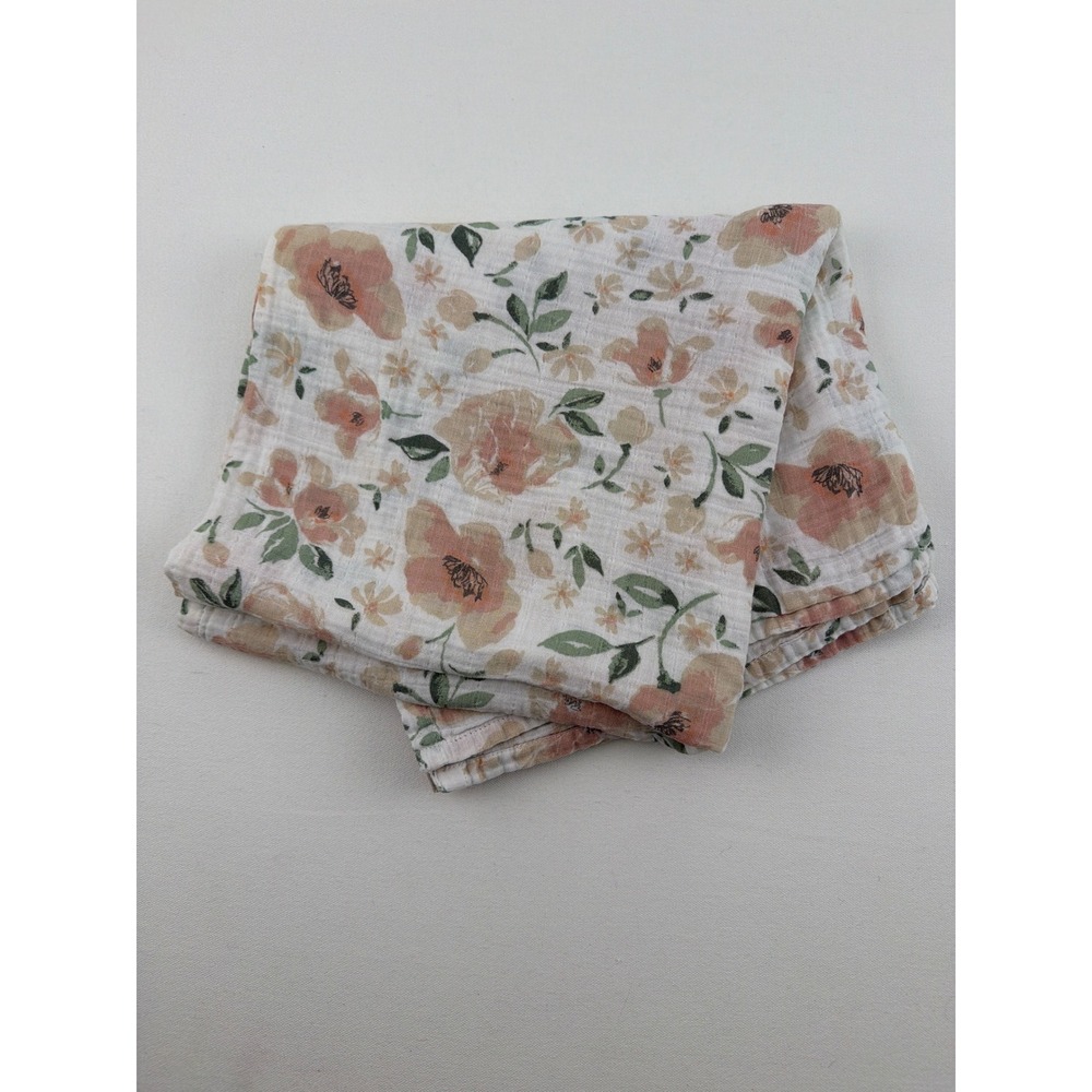 Pottery Barn Kids Swaddle Blanket Baby OS White Peach Floral Organic Muslin